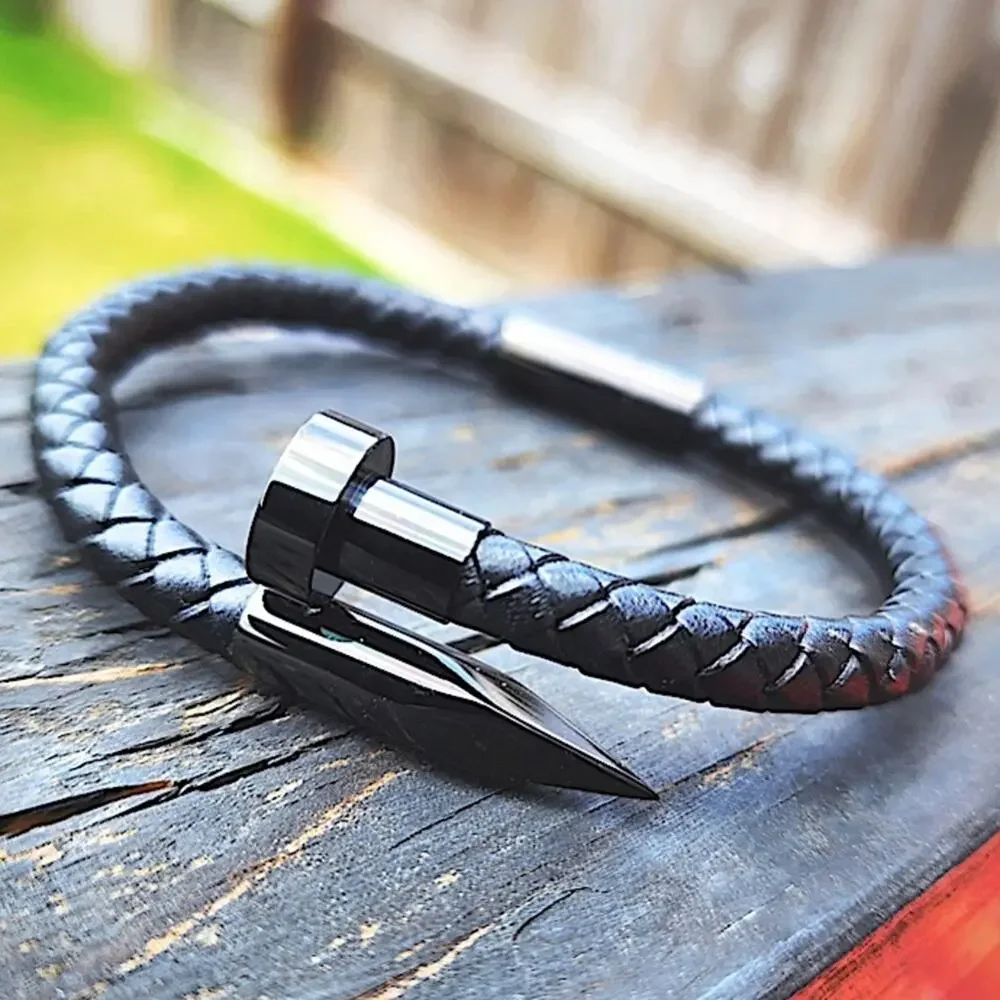 Black Leather Nail Magnetic Bracelet, Braided, Unisex